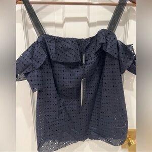 Elie Tahari Off the Shoulder Navy Eyelet Top SP Small Petite NWT